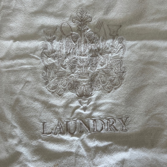Vintage Linen Embroidered Laundry Bag Drawstring Travel Ivory 24 x 15 French - Picture 5 of 10